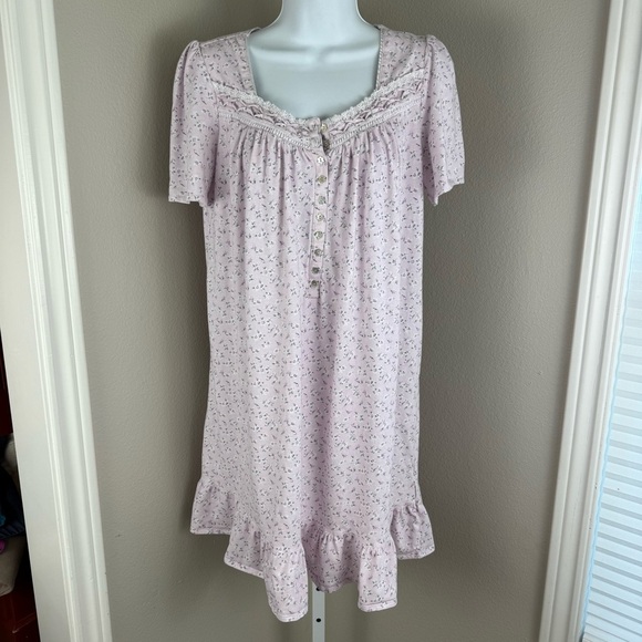 Eileen West Nightgown Pink Lavender Floral Lace Short Sleeve Sleep Dress Small - Picture 1 of 9